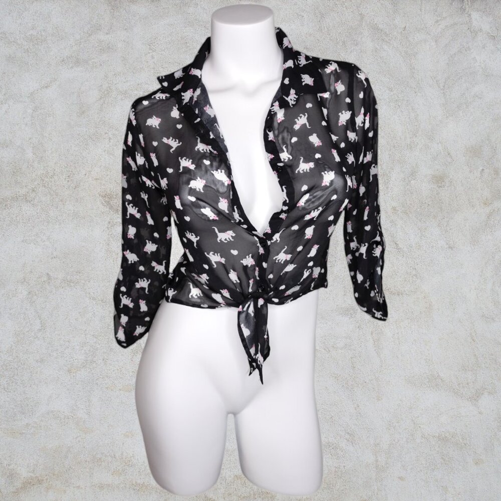 Knitworks White Kitties with Pink Bows Black Sheer Button Up & Tie Girls Blouse